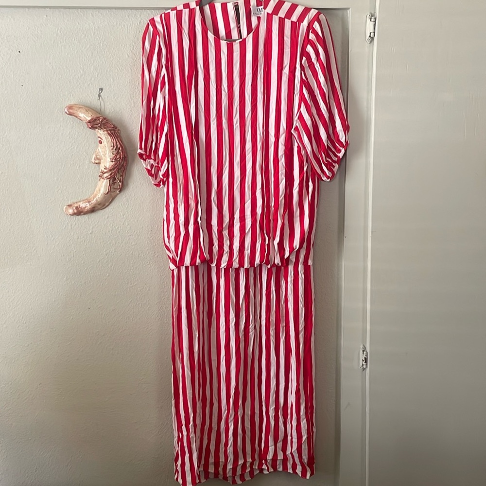 Vintage Cheeta B red & white drop waist midi dress